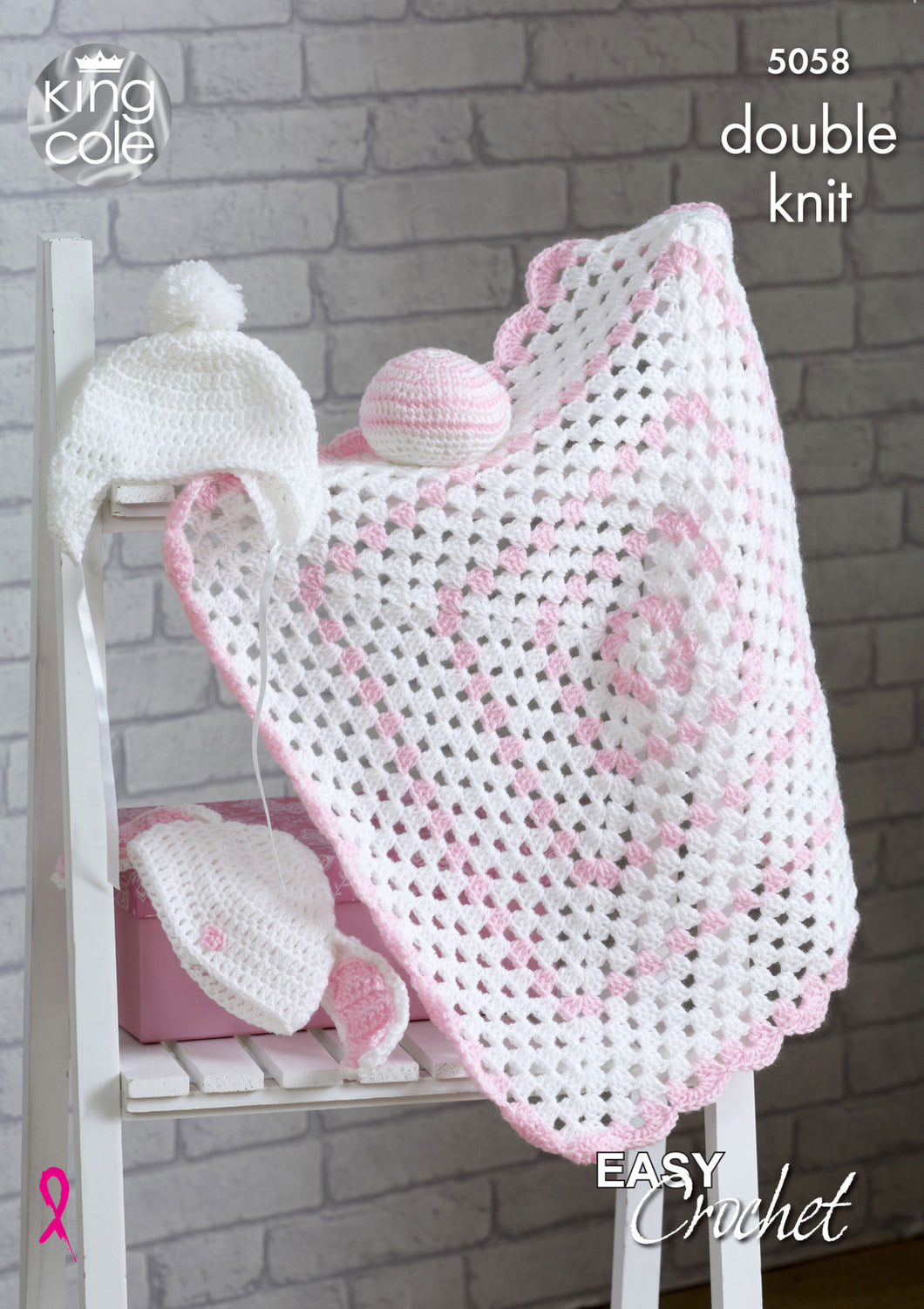 King Cole Step by Step Easy Crochet Pattern - Baby Blanket Hats & Ball (5058)