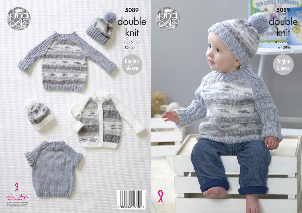 King Cole Double Knitting Pattern - Baby Cardigan Sweaters & Hat (5089)