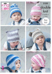 King Cole Double Knitting Pattern - Baby Hats (5105)