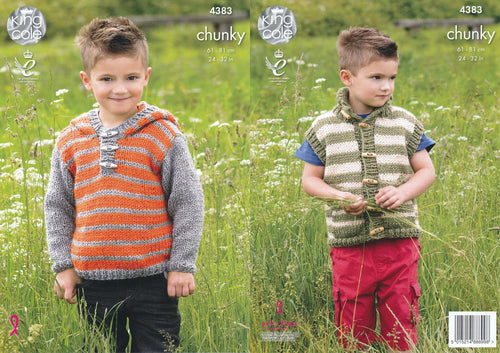 King Cole Chunky Knitting Pattern - Boys Hoodie & Gilet (4383)
