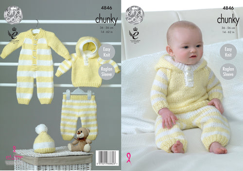 King Cole Chunky Knitting Pattern - Hoody Pants All-In-One & Hat (4846)