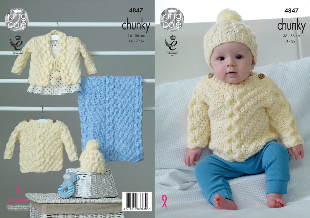King Cole Chunky Knitting Pattern - Sweater Cardigan Hat & Blanket (4847)