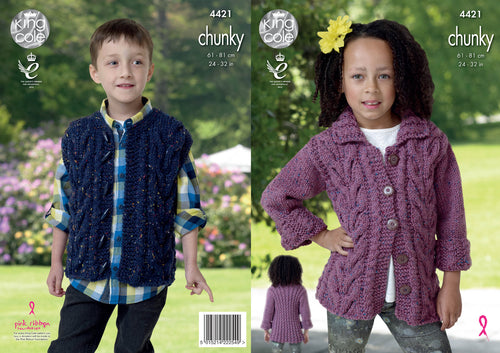 King Cole Chunky Knitting Pattern - Kids Jacket & Gilet (4421)