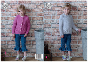 King Cole Chunky Knitting Pattern - Girls Cabled Sweater & Cardigan (4969)