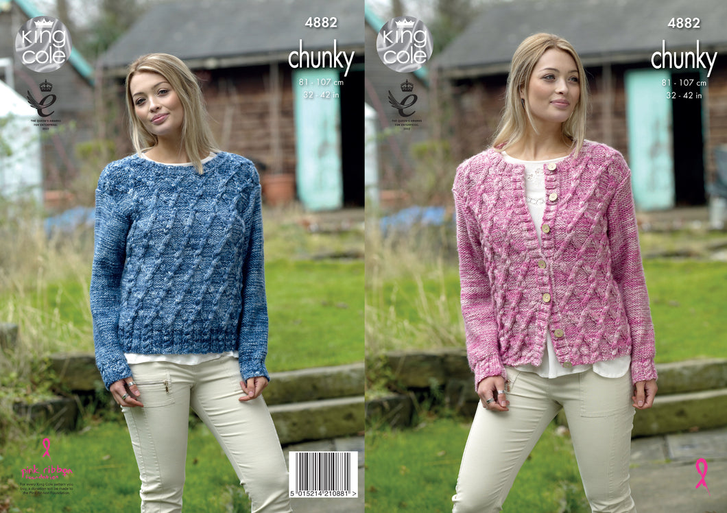 King Cole Chunky Knitting Pattern - Ladies Cabled Cardigan & Sweater (4882)