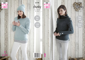 King Cole Chunky Knitting Pattern - Ladies Sweaters & Hat (5178)
