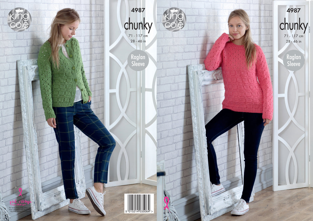 King Cole Chunky Knitting Pattern - Ladies Sweater & Cardigan (4987)