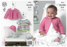 Load image into Gallery viewer, King Cole Double Knit Crochet Pattern - Baby Dress Cardigan &amp; Hat (4416)