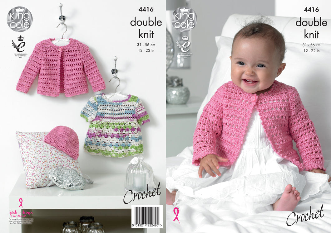 King Cole Double Knit Crochet Pattern - Baby Dress Cardigan & Hat (4416)