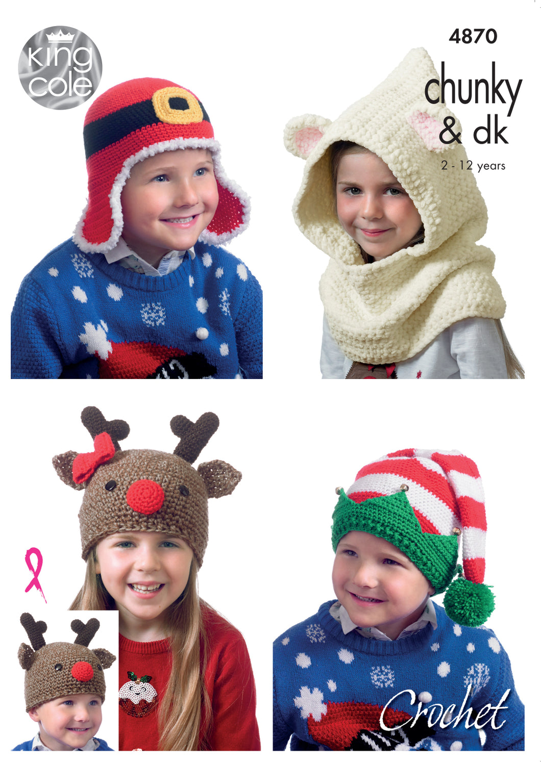 King Cole Chunky & DK Crochet Pattern - Childrens Novelty Hats (4870)