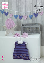 Load image into Gallery viewer, https://images.esellerpro.com/2278/I/150/412/king-cole-double-knit-crochet-pattern-baby-pinafore-dress-bunting-hat-shoes-bootees-5145.jpg