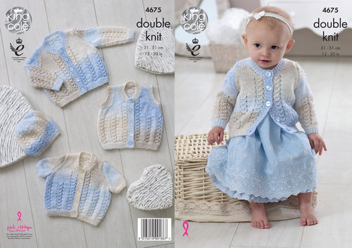 King Cole Double Knitting Pattern - Baby Cardigans Waistcoat & Hat (4675)