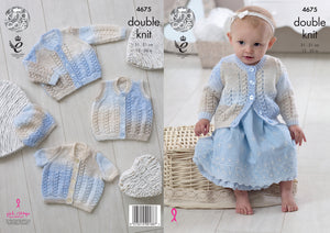 King Cole Double Knitting Pattern - Baby Cardigans Waistcoat & Hat (4675)