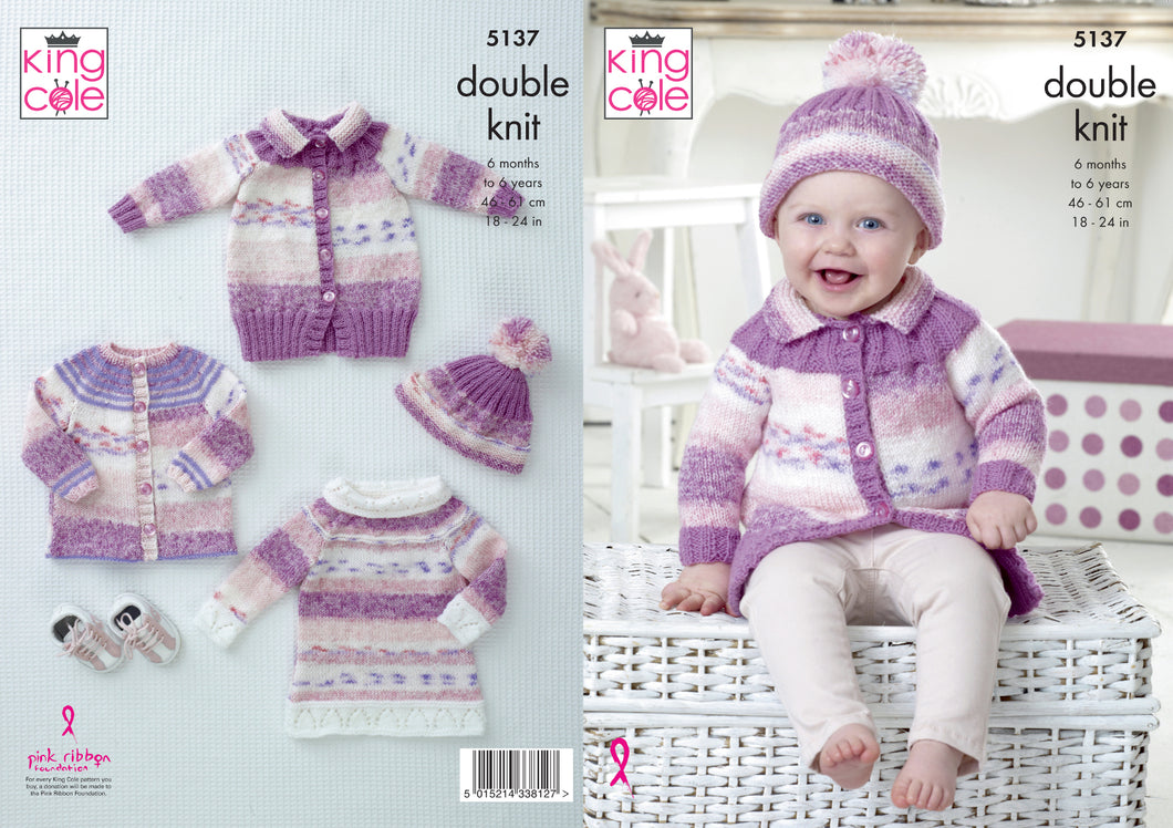 King Cole Double Knitting Pattern - Baby Cardigan Coat Tunic & Hat (5137)