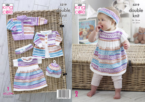 King Cole Double Knitting Pattern - Baby Cardigan Dress Coat & Headband (5219)