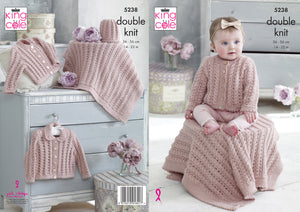 King Cole Double Knitting Pattern - Baby Cardigans Blanket & Hat (5238)
