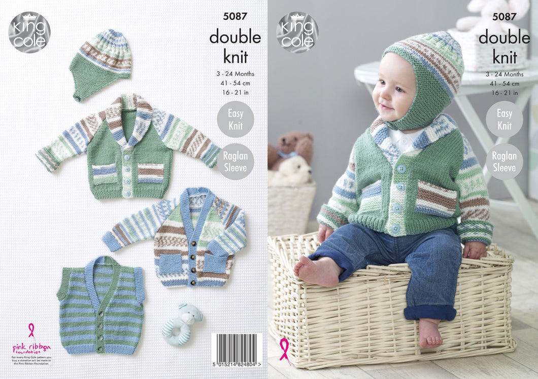 King Cole Double Knitting Pattern - Baby Jackets Gilet & Hat (5087)