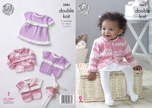 King Cole Double Knitting Pattern - Baby Frilly Dress & Cardigans (5085)