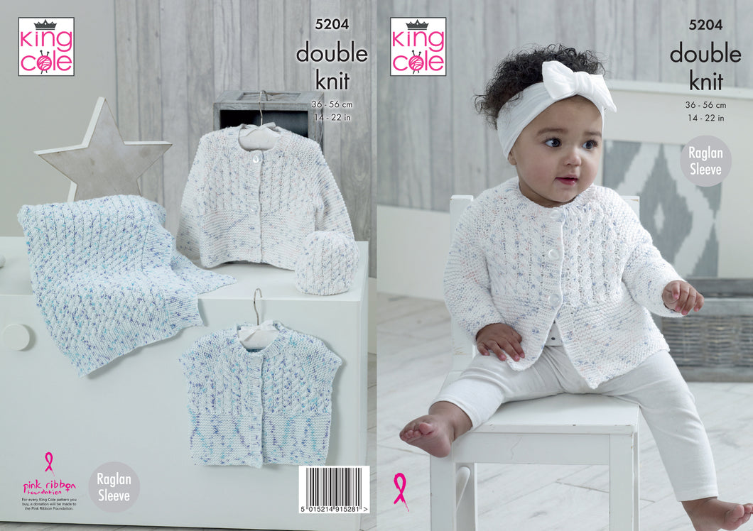 King Cole Double Knitting Pattern - Baby Cardigan Blanket & Hat (5204)