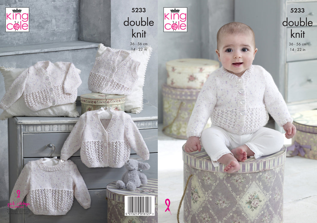 King Cole Double Knitting Pattern - Baby Sweater Cardigans & Waistcoat (5233)