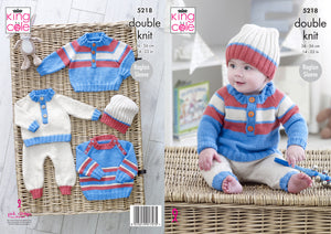 King Cole Double Knitting Pattern - Baby Sweaters Pants & Hat (5218)