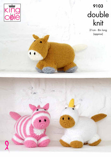 King Cole Double Knitting Pattern - Horse Unicorn & Zebra Toys (9103)
