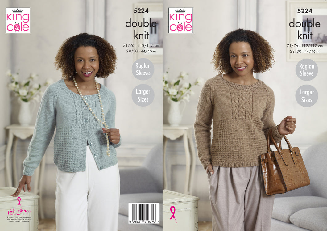 King Cole Double Knitting Pattern - Ladies Sweater & Cardigan (5224)