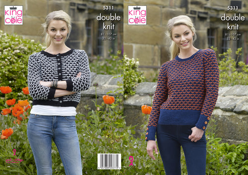 King Cole Double Knitting Pattern - Ladies Sweater & Cardigan (5311)
