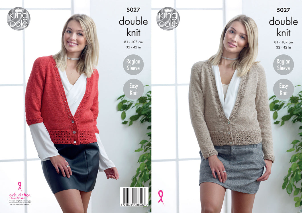 King Cole Double Knitting Pattern - Ladies Deep V Neck Cardigans (5027)