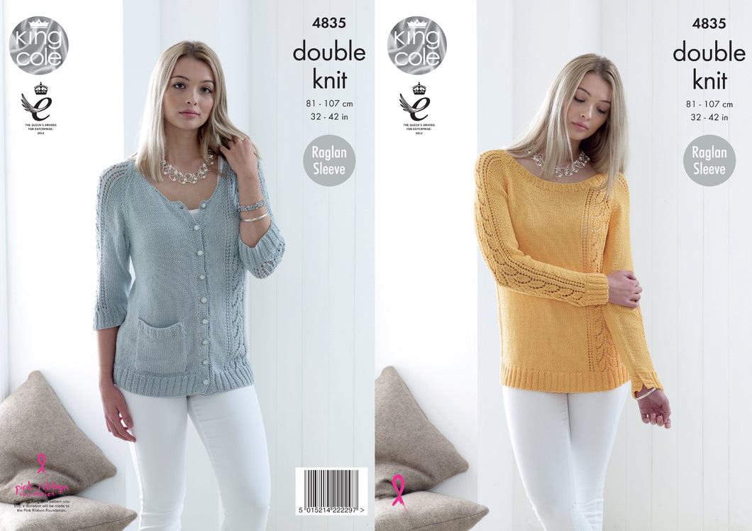 King Cole Double Knitting Pattern - Ladies Lacy Cardigan & Sweater (4835)