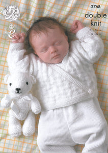 King Cole Double Knitting Pattern - 2768 Baby Sweater Cardigan & Teddy Bear