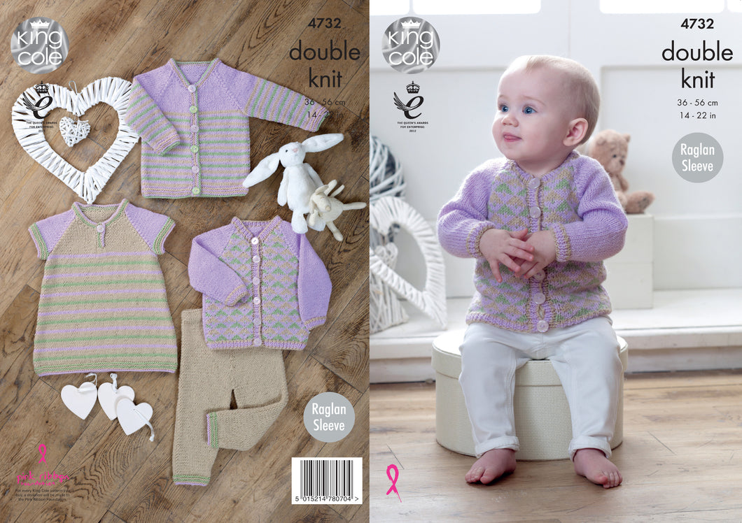 King Cole Double Knitting Pattern - Baby Cardigans Dress & Leggings (4732)