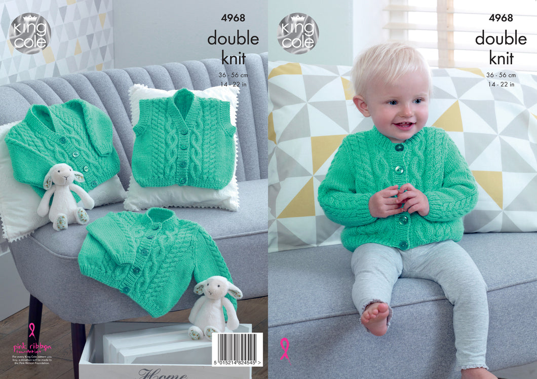 King Cole Double Knitting Pattern - Baby Cabled Cardigans & Waistcoat (4968)