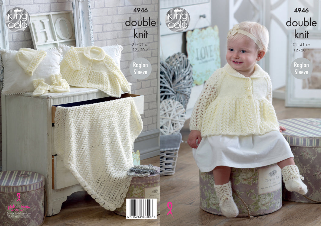 King Cole Double Knitting Pattern - Baby Jacket & Accessories (4946)