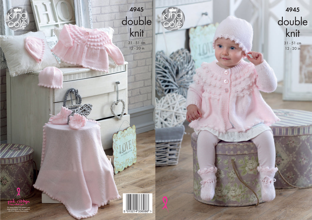 King Cole Double Knitting Pattern - Baby Jacket & Accessories (4945)