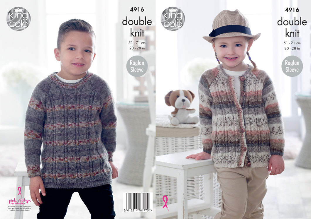 King Cole Double Knitting Pattern - Childrens Sweater & Cardigan (4916)