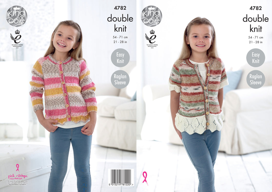 King Cole Double Knitting Pattern - Girls Lace Style Hem Cardigans (4782)
