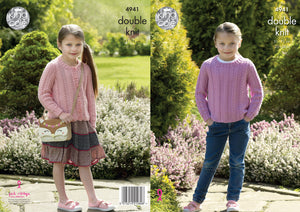 King Cole Double Knitting Pattern - Girls Cabled Sweater & Cardigan (4941)