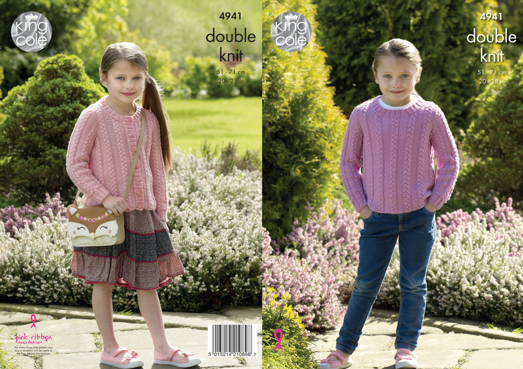 King Cole Double Knitting Pattern - Girls Cabled Sweater & Cardigan (4941)