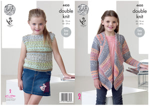 King Cole Double Knitting Pattern - Girls Waterfall Cardigan & Top (4450)