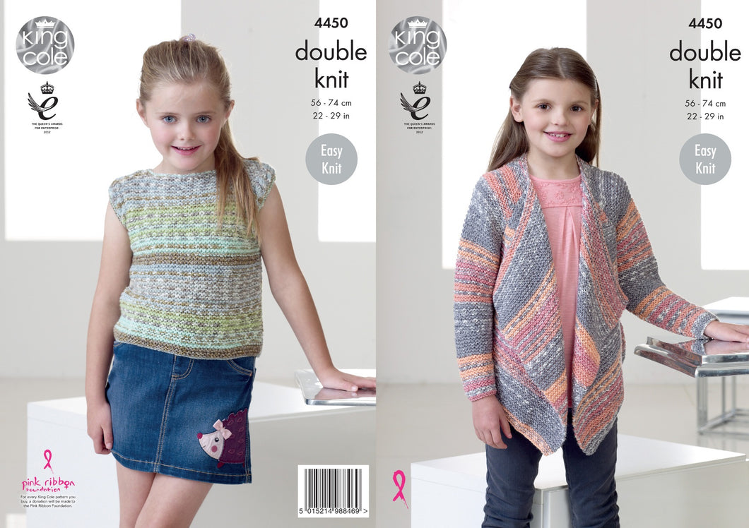 King Cole Double Knitting Pattern - Girls Waterfall Cardigan & Top (4450)