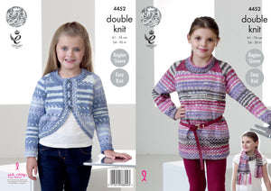 King Cole Double Knitting Pattern - Girls Tunic Cardigan & Scarf (4452)