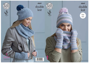 King Cole Double Knitting Pattern - Ladies Snoods, Hats & Mitts (4869)