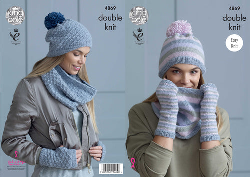 King Cole Double Knitting Pattern - Ladies Snoods, Hats & Mitts (4869)