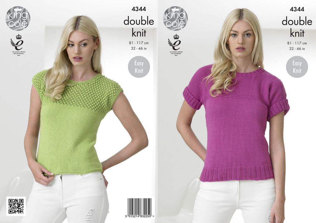King Cole Double Knitting Pattern - Ladies Short Sleeved Tops (4344)