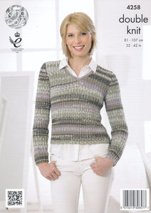 King Cole Double Knitting Pattern - Ladies V Neck Sweater & Cardigan (4258)