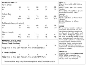 King Cole Aran Knitting Pattern - Girls Cardigans (5062)
