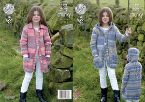King Cole Chunky Knitting Pattern - Girls Coats with Collar or Hood (4606)