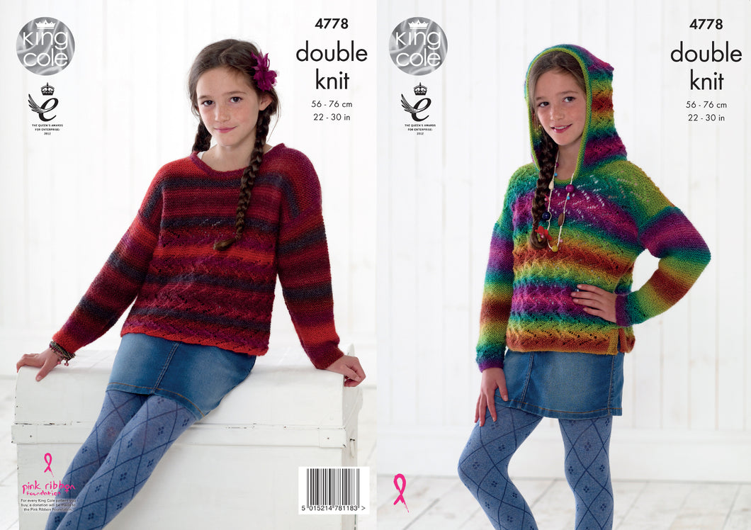 King Cole Double Knitting Pattern - Girls Hoodie & Sweater (4778)