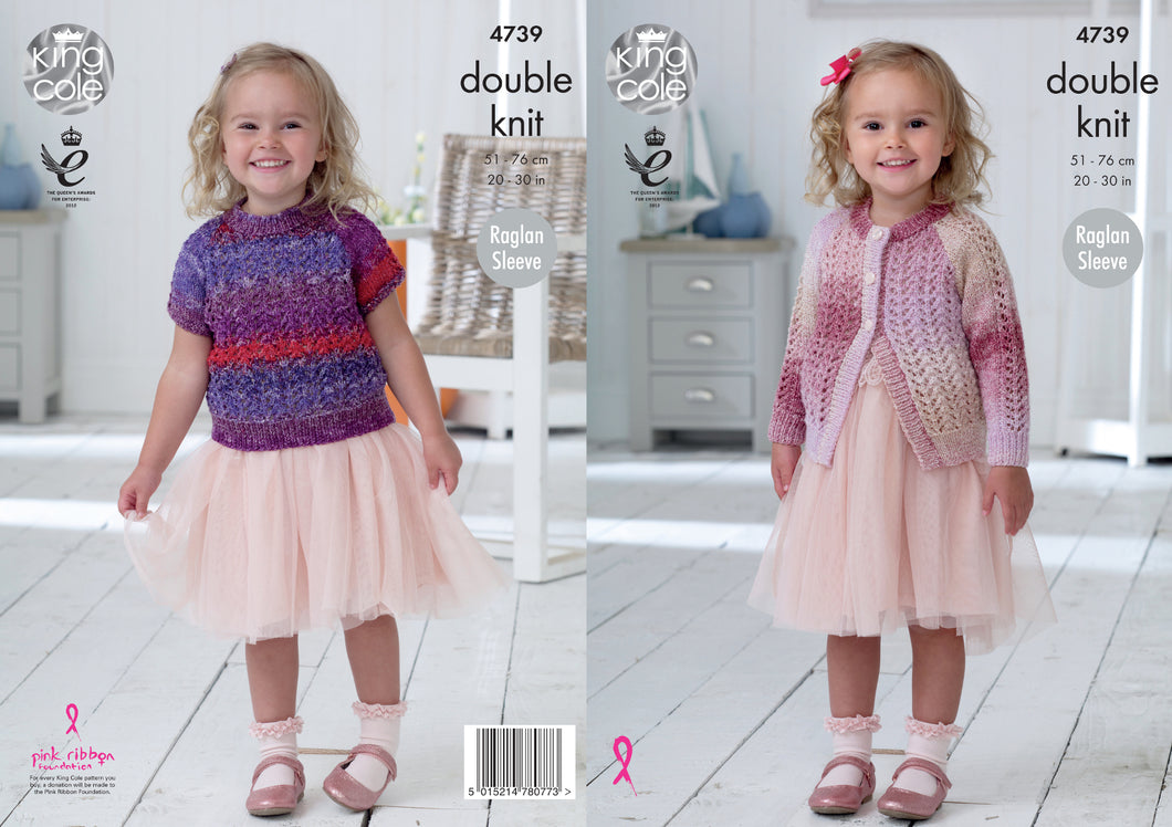 King Cole Double Knitting Pattern - Girls Lacy Cardigan & Top (4739)